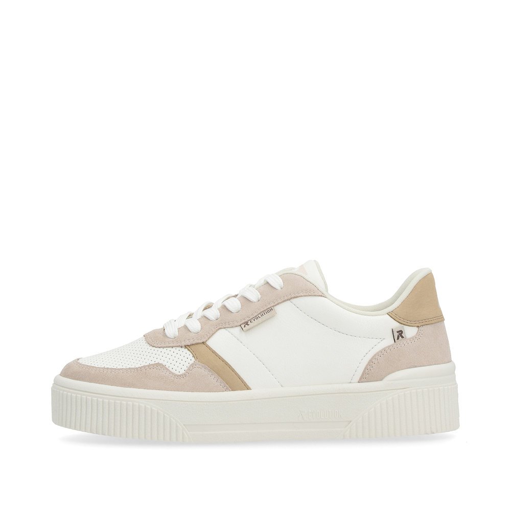 White Rieker women´s low-top sneakers W0701-82 with an abrasion-resistant sole. Outside of the shoe.