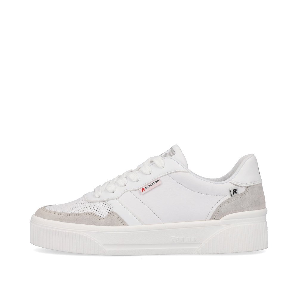 White Rieker women´s low-top sneakers W0701-80 with a durable sole. Outside of the shoe.