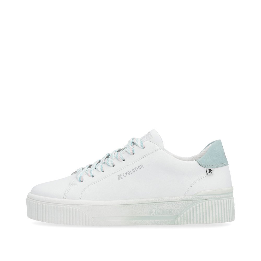 White Rieker women´s low-top sneakers W0704-80 with an abrasion-resistant sole. Outside of the shoe.